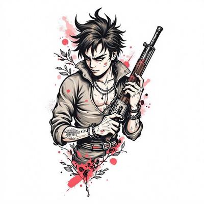 Traditional tattoo of a street boy holding a weapon surrounded by flowers.