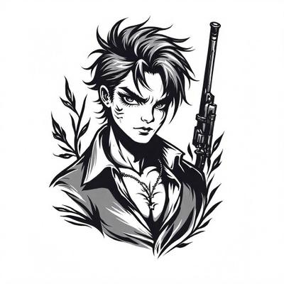 Traditional tattoo of a street boy with weapon colibri on shoulder.