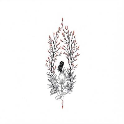 Tattoo of a woman walking in a forest surrounded by plants and flowers.