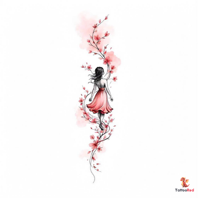 Watercolor tattoo of a woman walking in the sky surrounded by pink flowers.