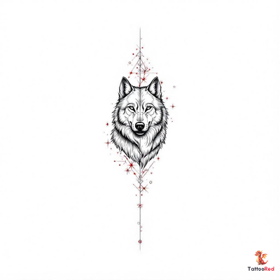 Geometric wolf tattoo design featuring sharp lines and red accents.