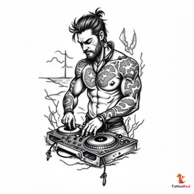 Neo-traditional tattoo of a DJ mixing music at the beach with intricate details.