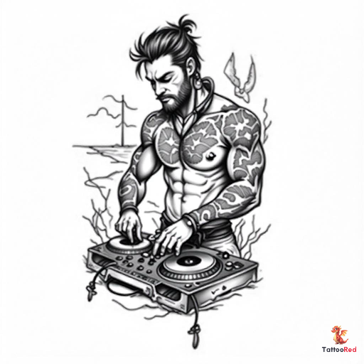 Neo-traditional tattoo of a DJ mixing music at the beach with intricate details.