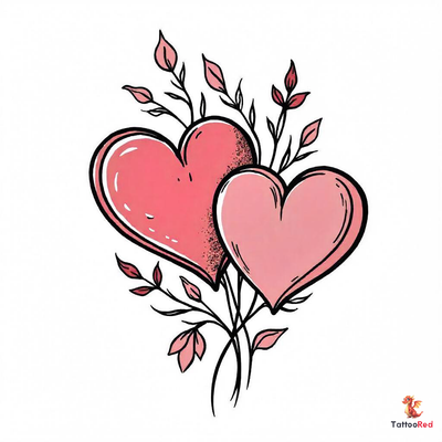 Vintage tattoo design of two big hearts with leaves and vines.