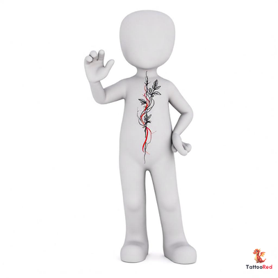 Stylish tattoo design featuring vines and leaves with red accents.