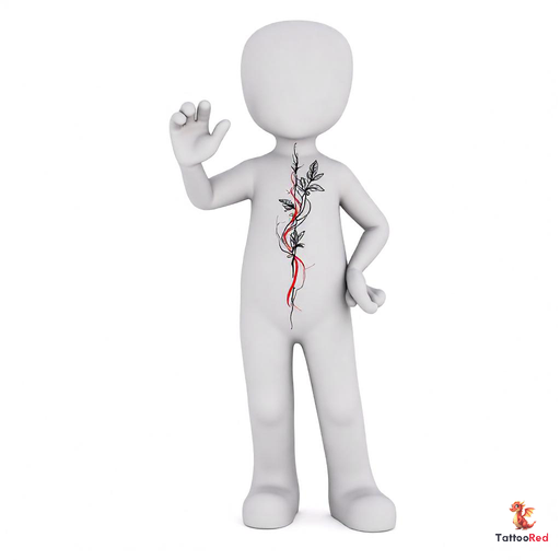 Stylish tattoo design featuring vines and leaves with red accents.