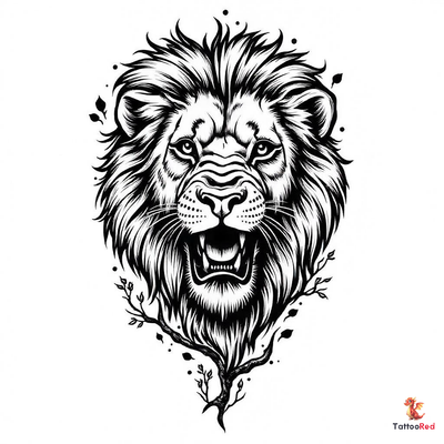 Vintage-style tattoo design of a fierce hungry lion with intricate details.