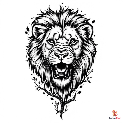 Vintage-style tattoo design of a fierce hungry lion with intricate details.