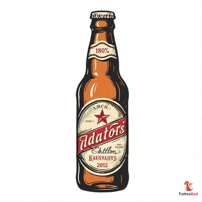 Vintage beer bottle tattoo with retro labels and bold outlines.