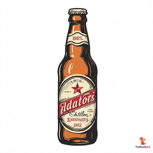 Vintage beer bottle tattoo with retro labels and bold outlines.