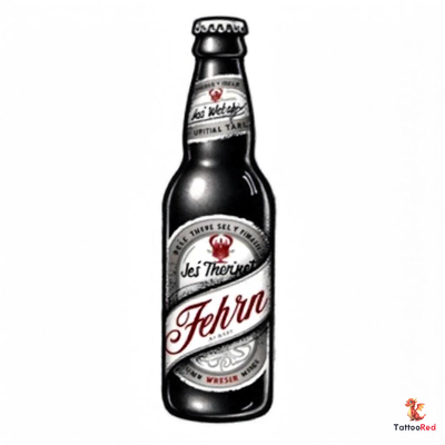 Vintage beer bottle tattoo with retro labels and bold outlines.