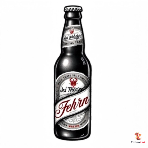 Vintage beer bottle tattoo with retro labels and bold outlines.