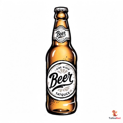 Vintage beer bottle tattoo with retro labels and bold outlines in old-school illustration style.