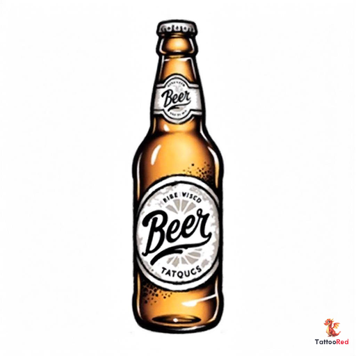 Vintage beer bottle tattoo with retro labels and bold outlines in old-school illustration style.