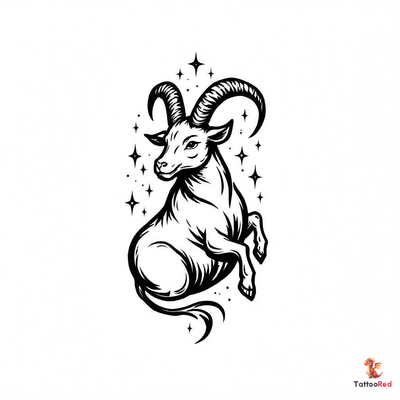 Vintage Capricorn zodiac tattoo featuring a goat and stars in Sailor Jerry style.