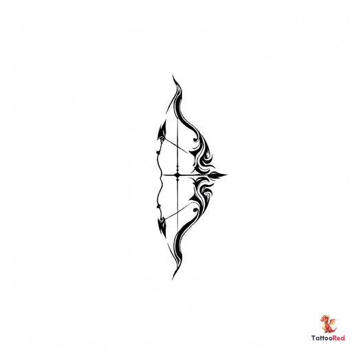 tribal Sagittarius design featuring a bow and arrow with bold patterns and motifs, symbolizing stren