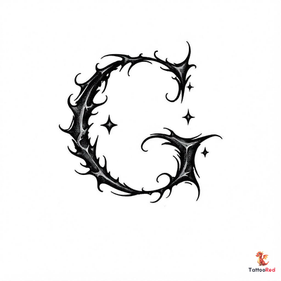 Stylized black ink letter 'G' tattoo design with decorative elements.