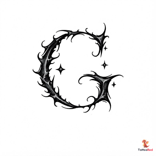 Stylized black ink letter 'G' tattoo design with decorative elements.