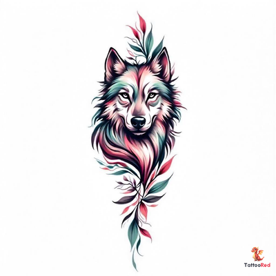 Vibrant neo-traditional wolf tattoo with detailed fur and floral elements.