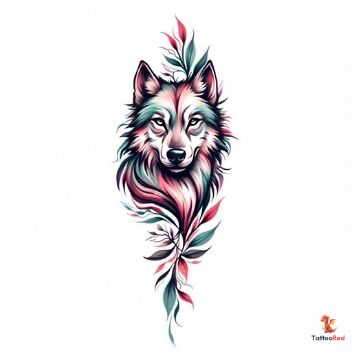 Vibrant neo-traditional wolf tattoo with detailed fur and floral elements.