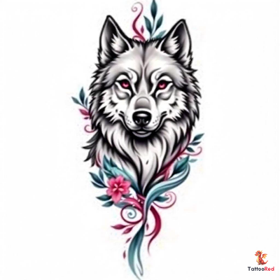 Elegant neo-traditional wolf tattoo with vibrant colors and detailed fur.