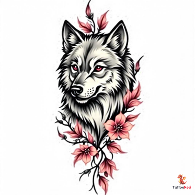 Elegant neo-traditional wolf tattoo with vibrant colors and detailed fur.