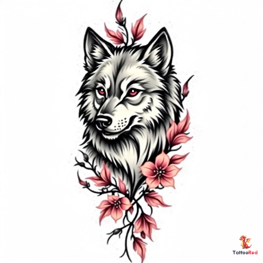 Elegant neo-traditional wolf tattoo with vibrant colors and detailed fur.