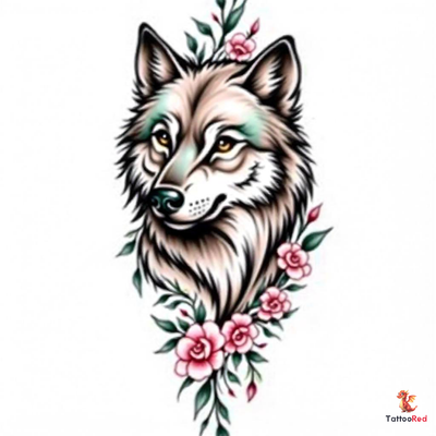 Elegant wolf tattoo design featuring vibrant colors and roses.