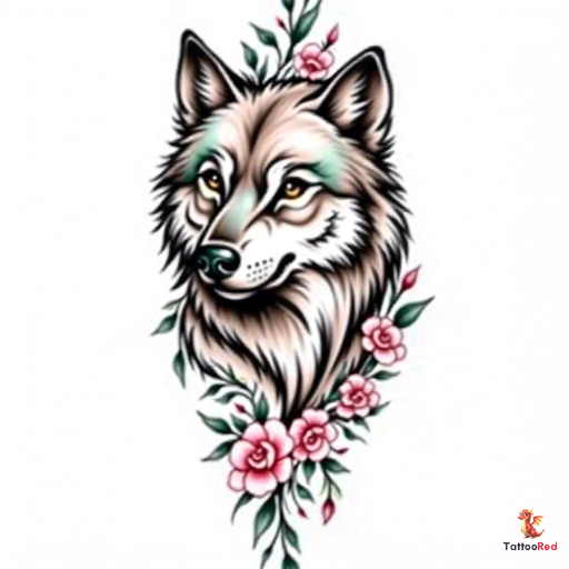 Elegant wolf tattoo design featuring vibrant colors and roses.