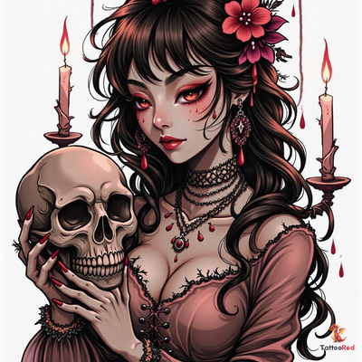 Hauntingly beautiful oriental necromancer tattoo design with skull