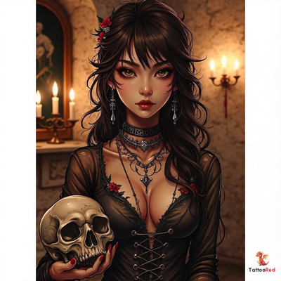 A hauntingly beautiful oriental necromancer tattoo design featuring a woman holding a skull in a candlelit room.