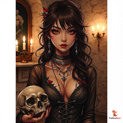 A hauntingly beautiful oriental necromancer tattoo design featuring a woman holding a skull in a candlelit room.