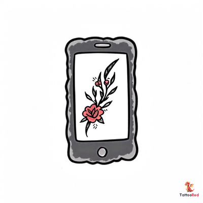 Vintage smartphone tattoo with floral design, showcasing modern and nostalgic elements.