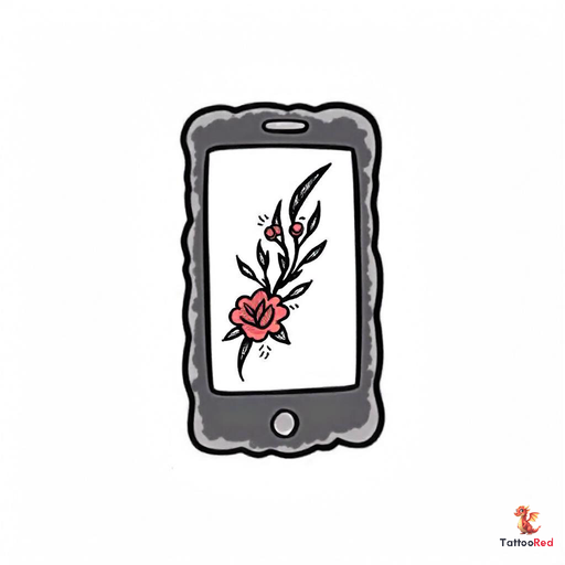 Vintage smartphone tattoo with floral design, showcasing modern and nostalgic elements.