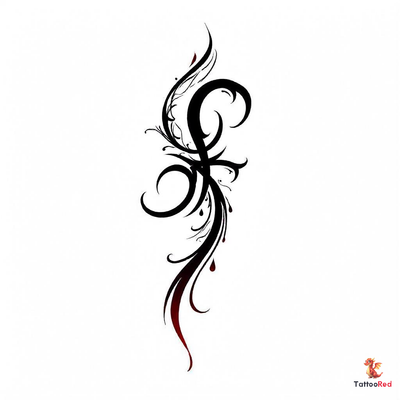 Elegant abstract tattoo design with flowing lines and red accents.