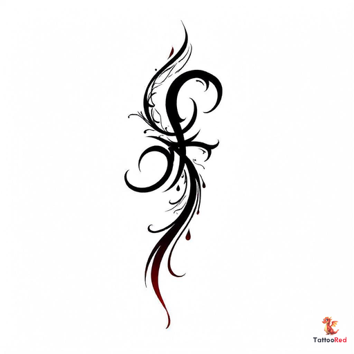 Elegant abstract tattoo design with flowing lines and red accents.