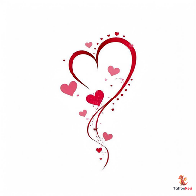 Colorful love and hearts tattoo design with flowing lines and multiple hearts.