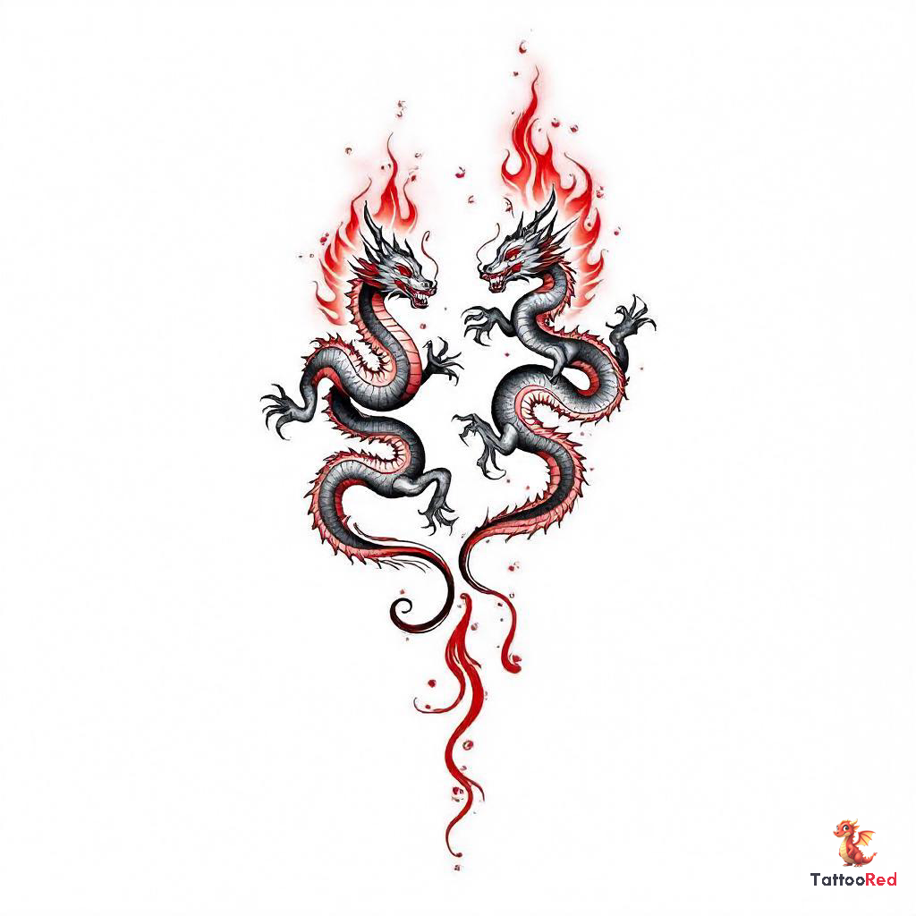Realistic twin dragons tattoo design with flames