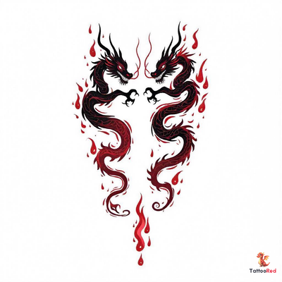 Realistic twin dragon tattoo design with fiery elements.