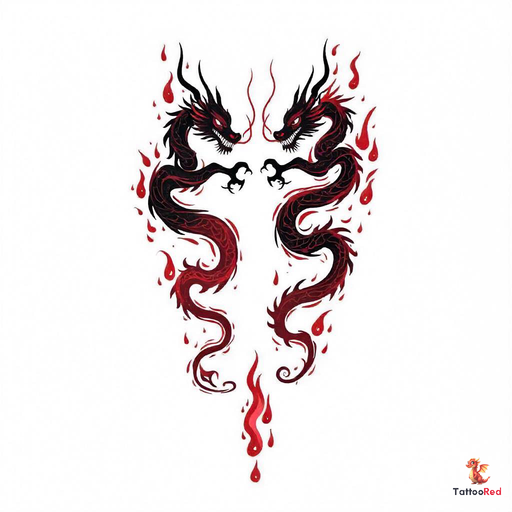 Realistic twin dragon tattoo design with fiery elements.