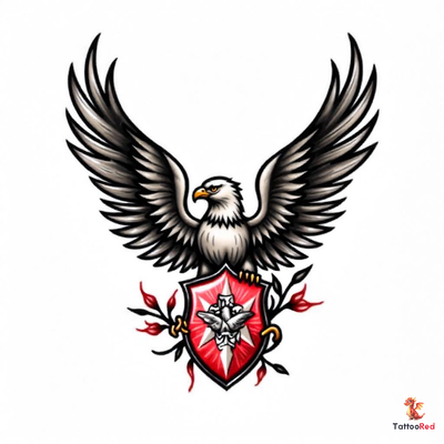 Vintage style eagle tattoo with shield in bold outlines and vibrant colors.