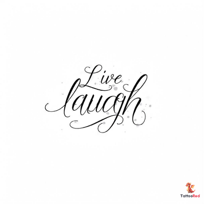 Elegant black and grey script tattoo featuring the quote Live, Laugh, Love with subtle flourishes and shading.