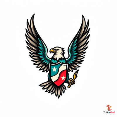 Vintage style eagle tattoo with a shield in vibrant colors.