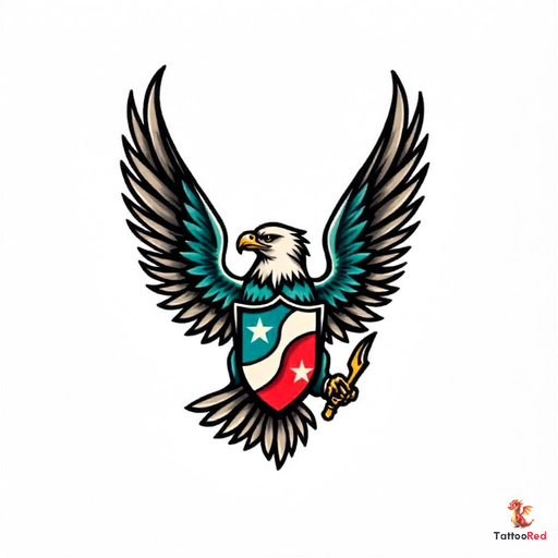 Vintage style eagle tattoo with a shield in vibrant colors.
