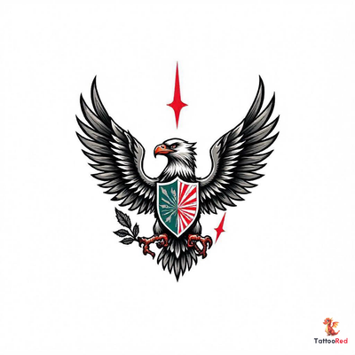 Vintage eagle tattoo design featuring a shield and vibrant colors.