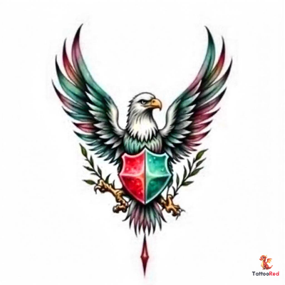 Vintage style eagle tattoo with shield in vibrant colors.