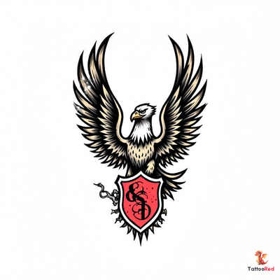 Vintage style eagle tattoo with a shield, bold outlines and vibrant colors.