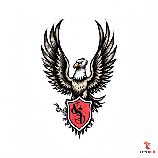 Vintage style eagle tattoo with a shield, bold outlines and vibrant colors.