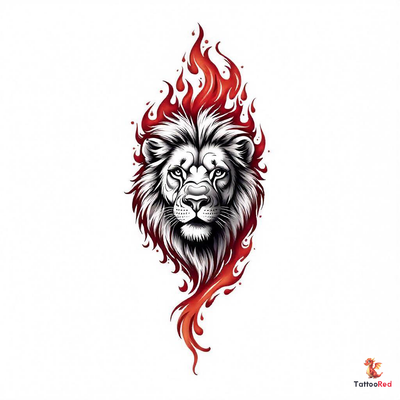 A powerful lion's face surrounded by vibrant flames, symbolizing strength and courage.