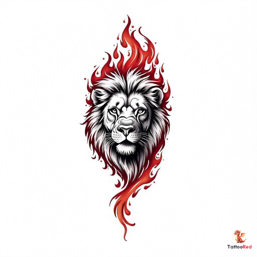 A powerful lion's face surrounded by vibrant flames, symbolizing strength and courage.